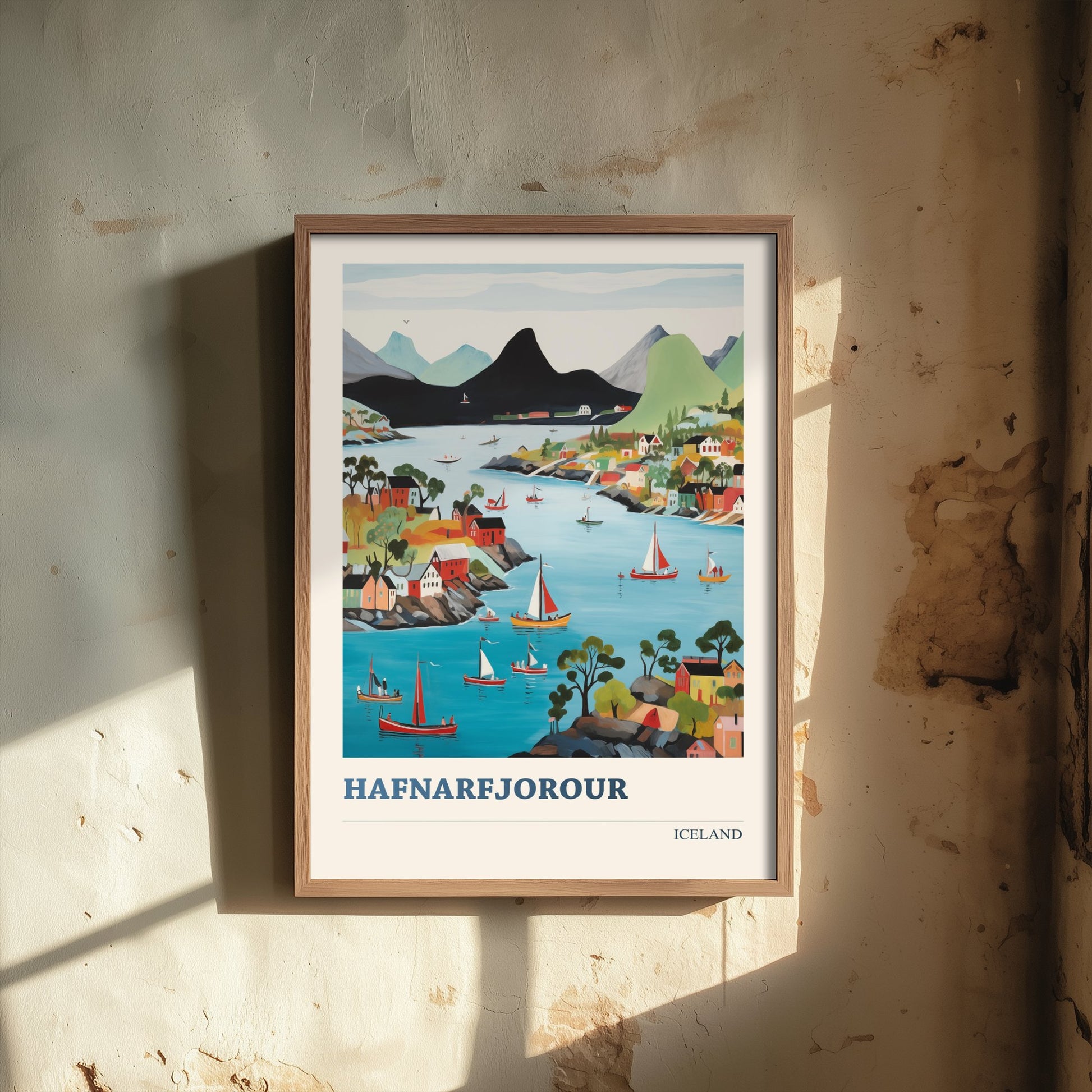 Hafnarfjordur Iceland Travel Poster - Folk Art City Print - Naive Harbour Illustration - Colourful Cityscape 1/3