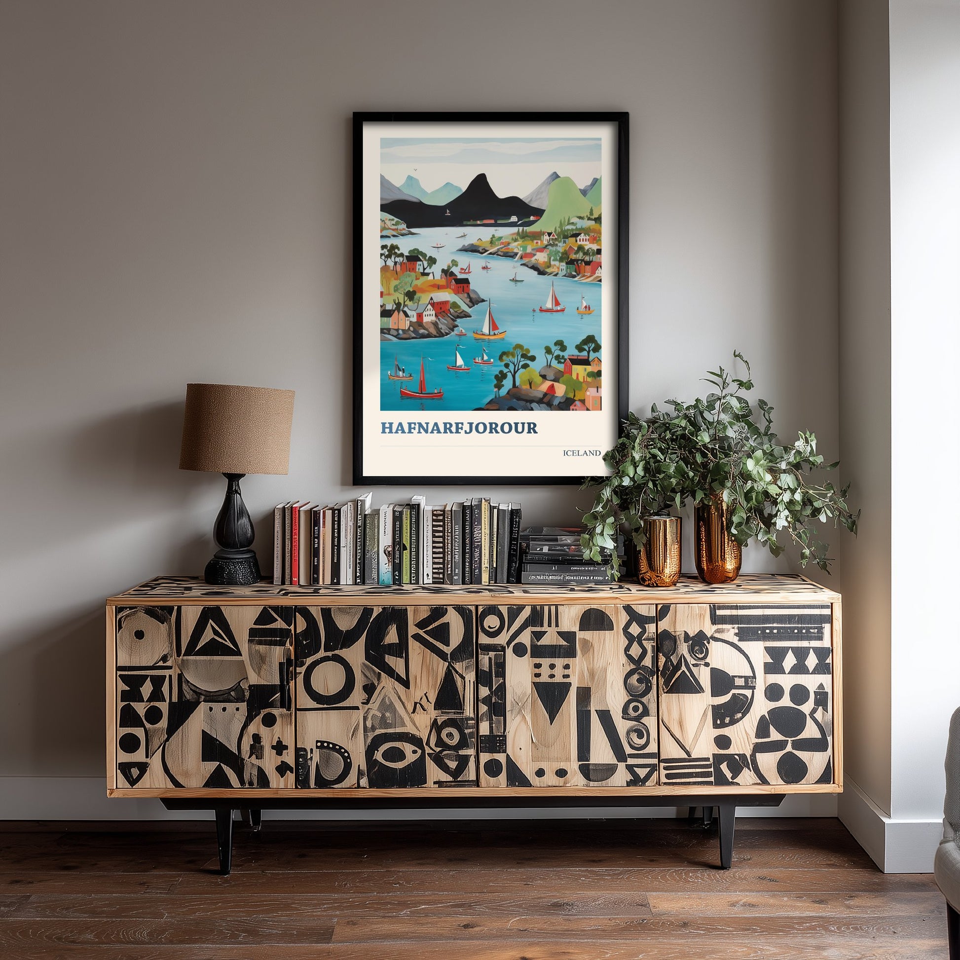 Hafnarfjordur Iceland Travel Poster - Folk Art City Print - Naive Harbour Illustration - Colourful Cityscape 1/3