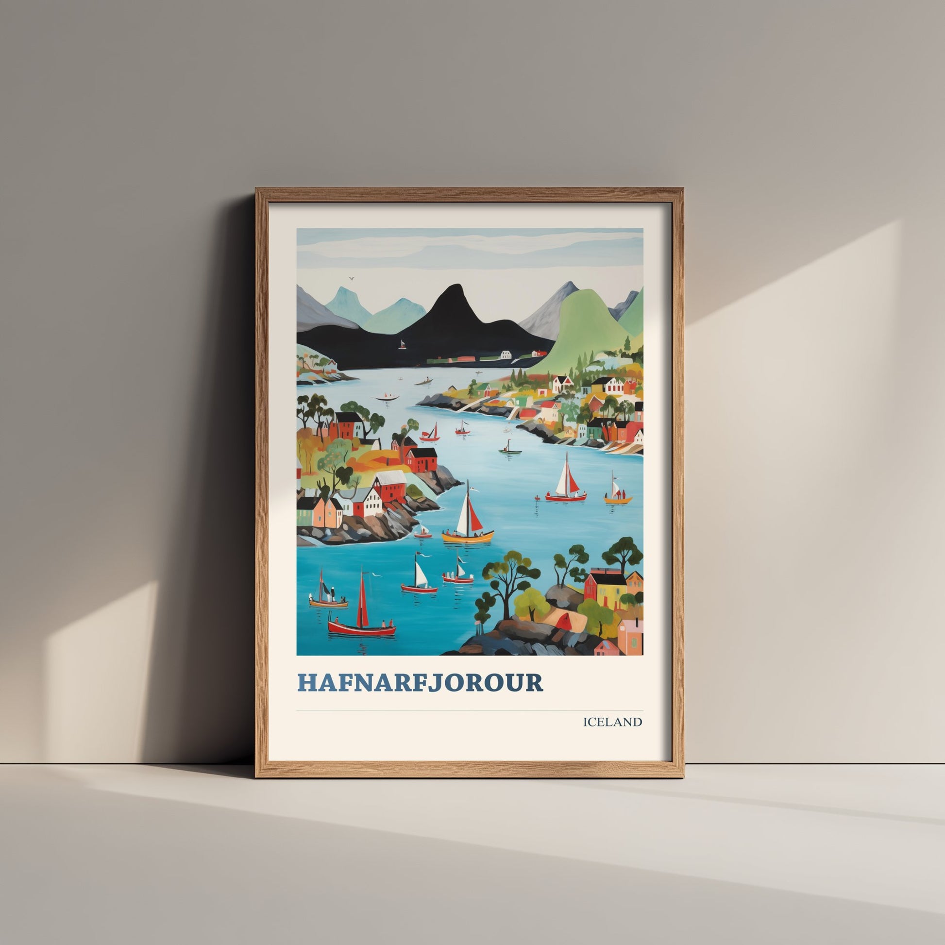 Hafnarfjordur Iceland Travel Poster - Folk Art City Print - Naive Harbour Illustration - Colourful Cityscape 1/3