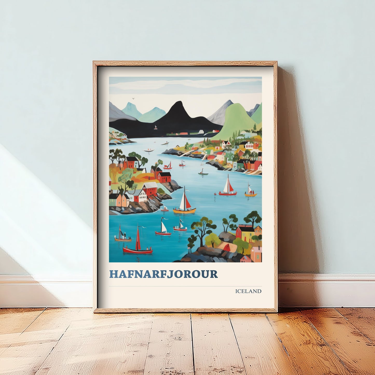 Hafnarfjordur Iceland Travel Poster - Folk Art City Print - Naive Harbour Illustration - Colourful Cityscape 1/3