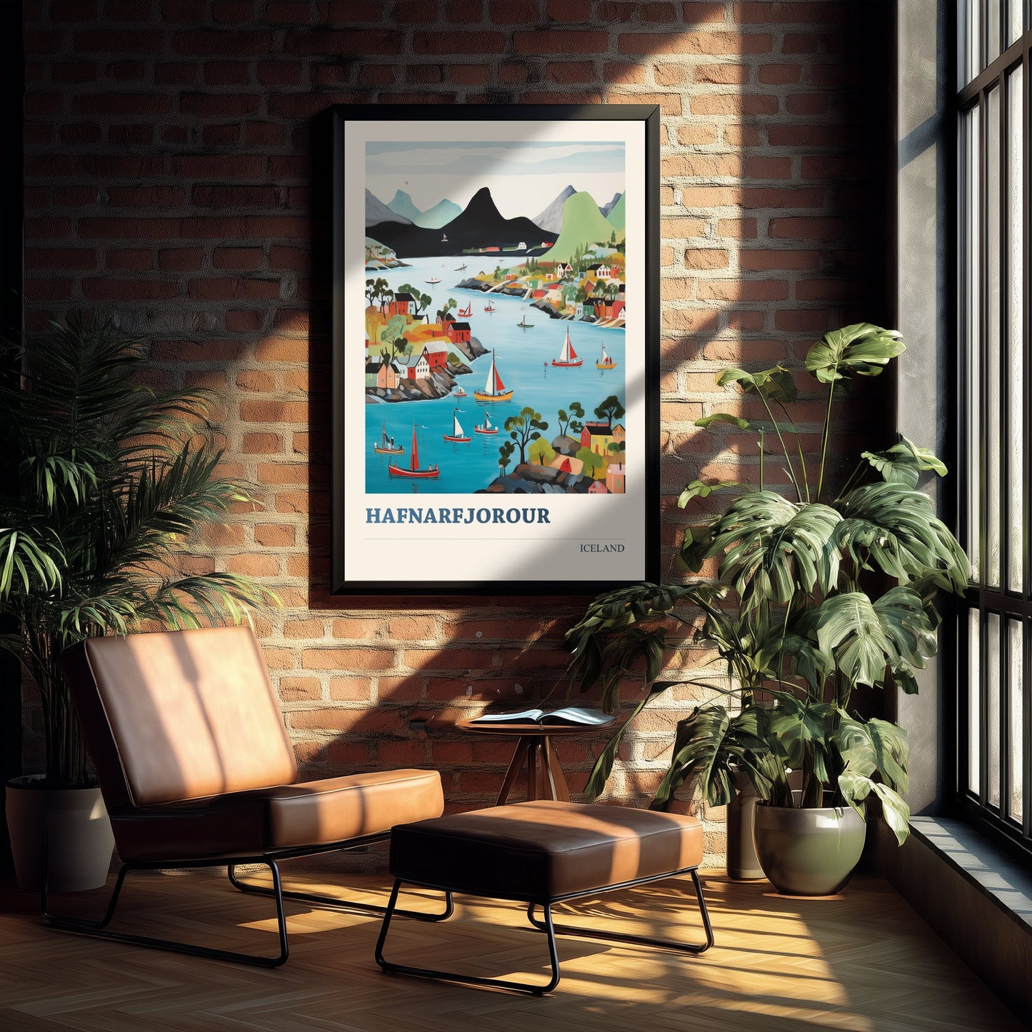 Hafnarfjordur Iceland Travel Poster - Folk Art City Print - Naive Harbour Illustration - Colourful Cityscape 1/3