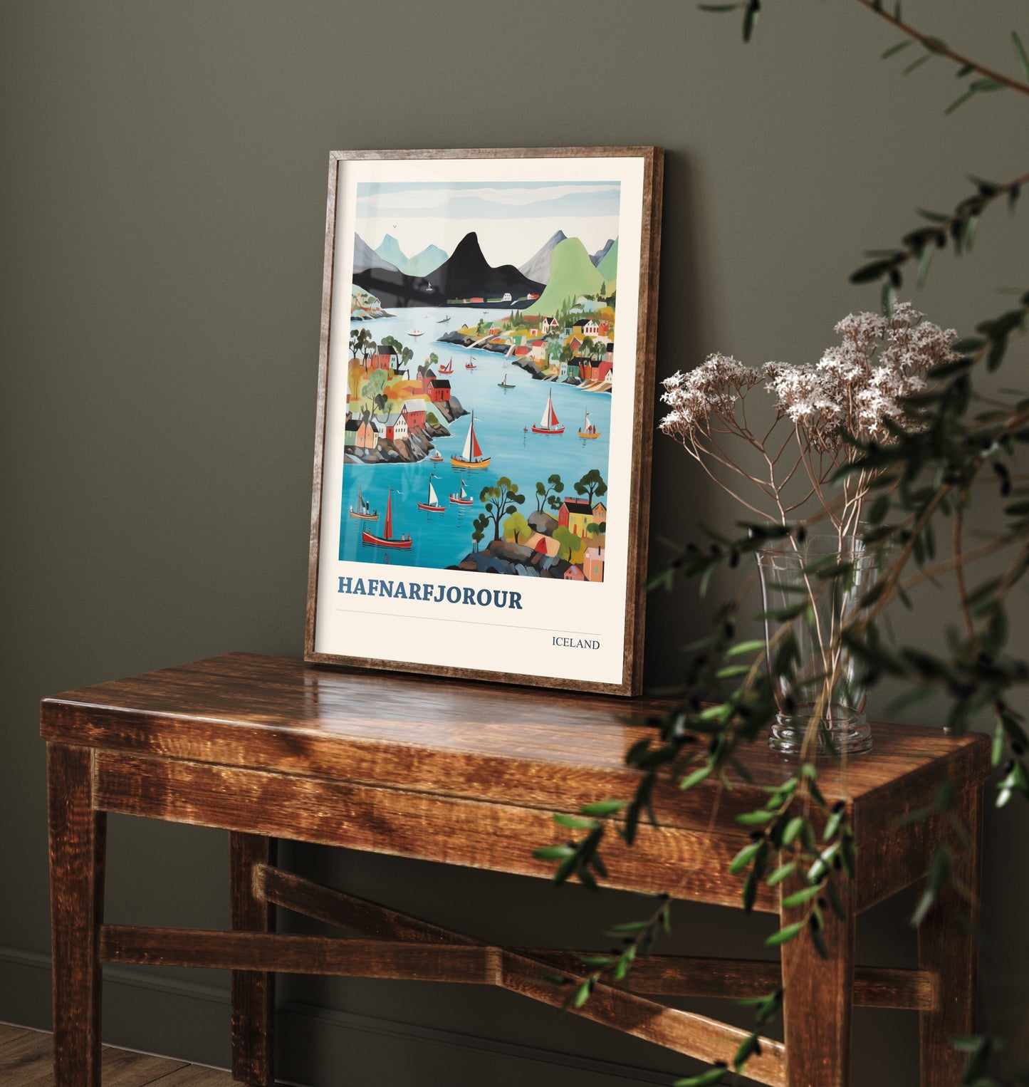 Hafnarfjordur Iceland Travel Poster - Folk Art City Print - Naive Harbour Illustration - Colourful Cityscape 1/3