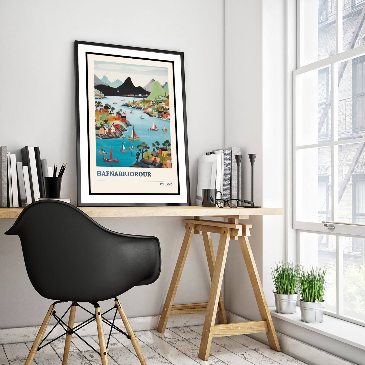 Hafnarfjordur Iceland Travel Poster - Folk Art City Print - Naive Harbour Illustration - Colourful Cityscape 1/3