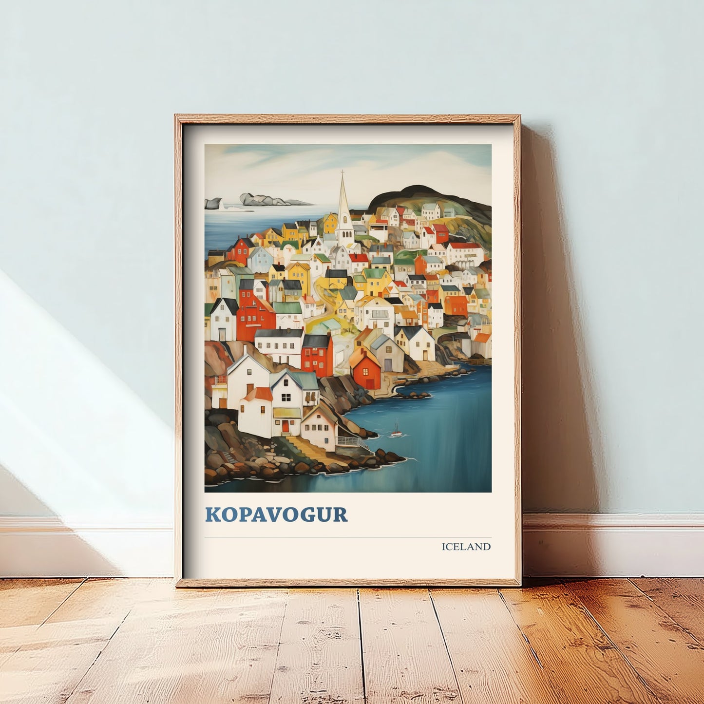 Kopavogur Iceland Travel Poster - Folk Art City Print - Naive Coastal Illustration - Colourful Town 2/3