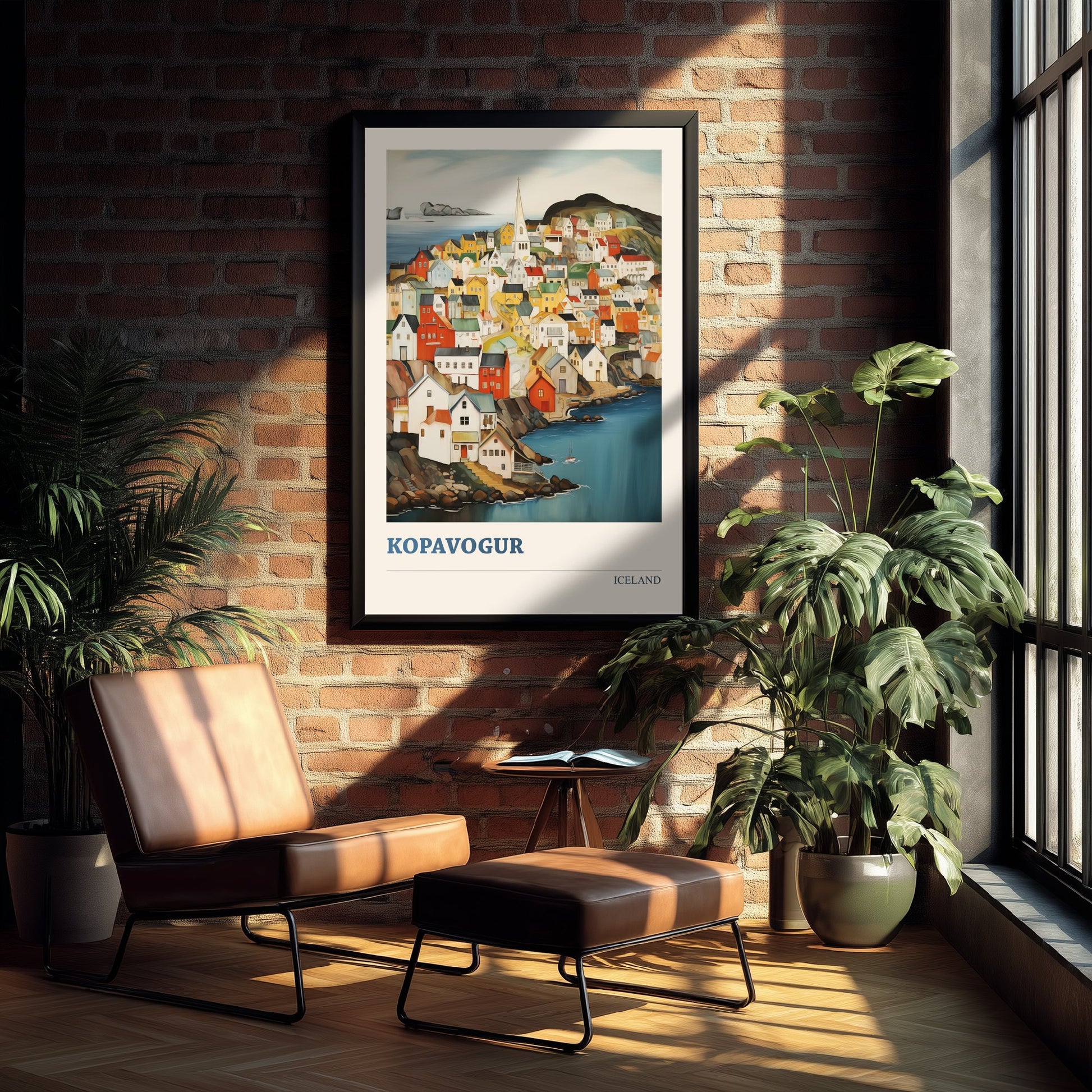 Kopavogur Iceland Travel Poster - Folk Art City Print - Naive Coastal Illustration - Colourful Town 2/3
