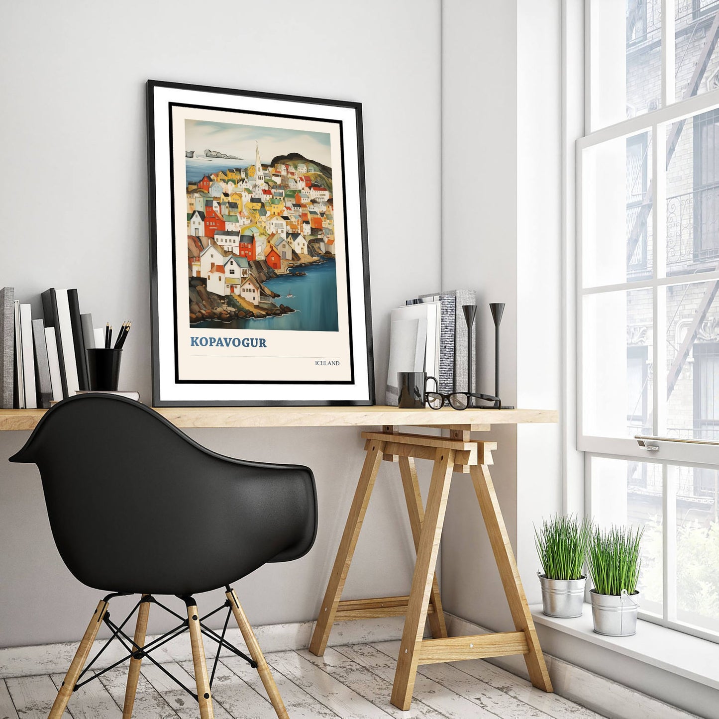 Kopavogur Iceland Travel Poster - Folk Art City Print - Naive Coastal Illustration - Colourful Town 2/3