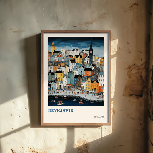 Reykjavik Iceland Travel Poster - Folk Art City Print - Naive Cityscape Illustration - Colourful Harbour 3/3