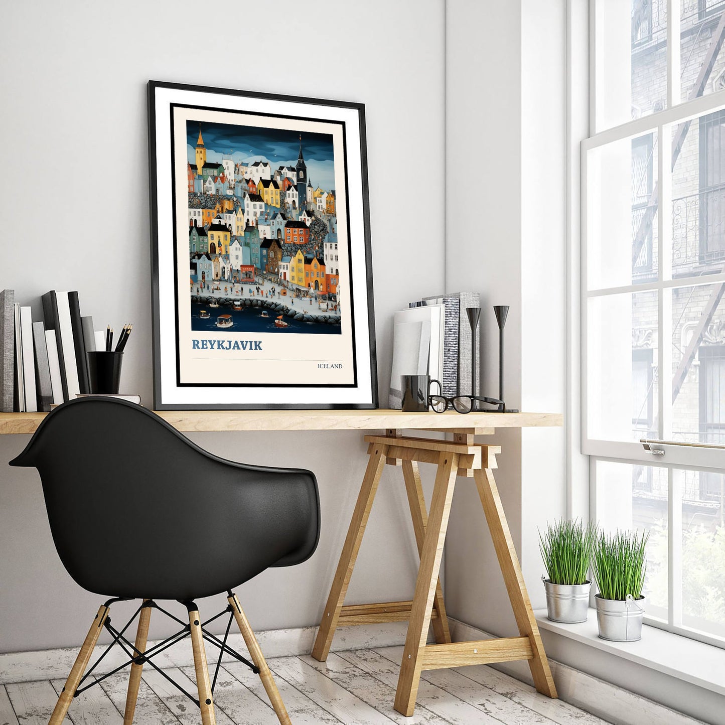 Reykjavik Iceland Travel Poster - Folk Art City Print - Naive Cityscape Illustration - Colourful Harbour 3/3