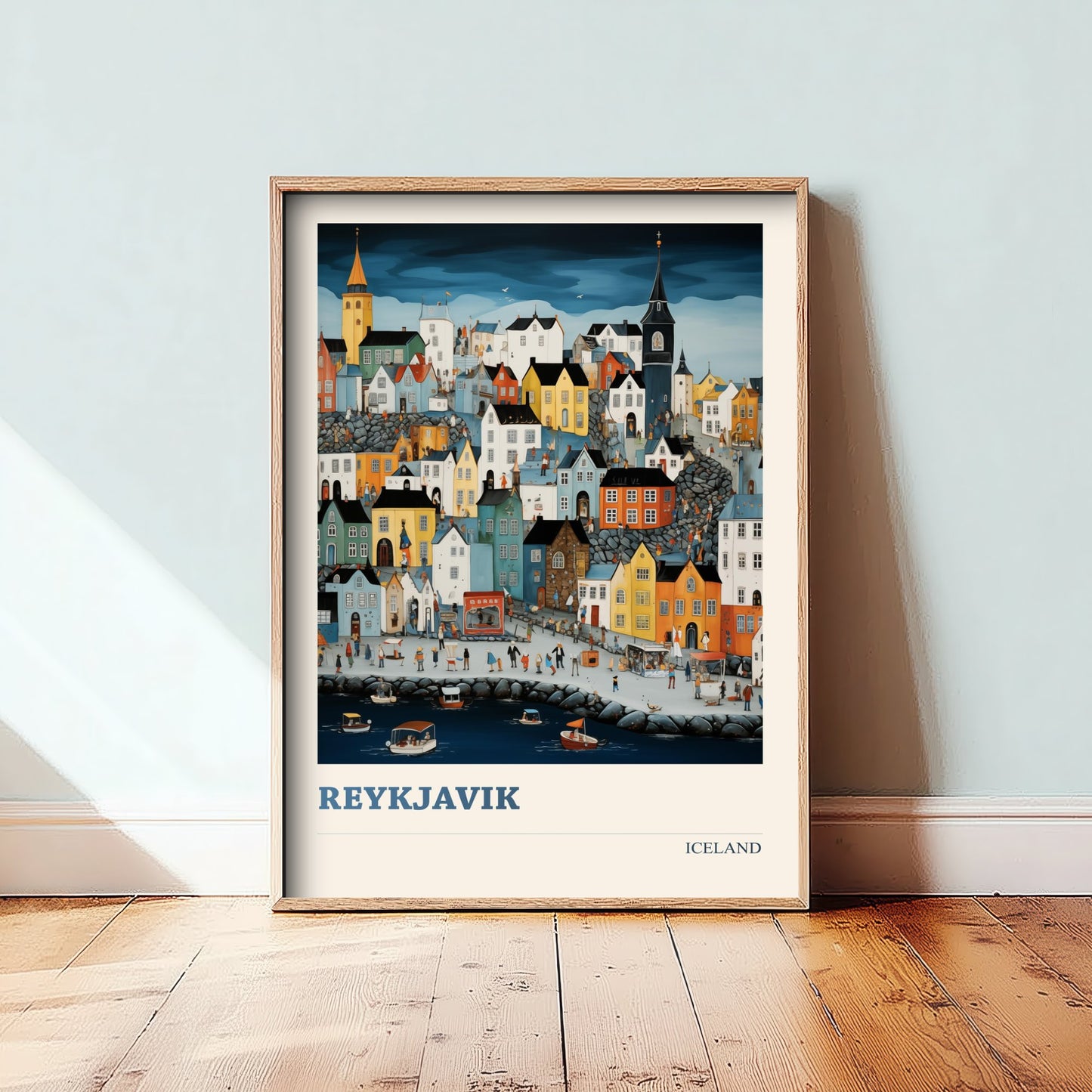Reykjavik Iceland Travel Poster - Folk Art City Print - Naive Cityscape Illustration - Colourful Harbour 3/3