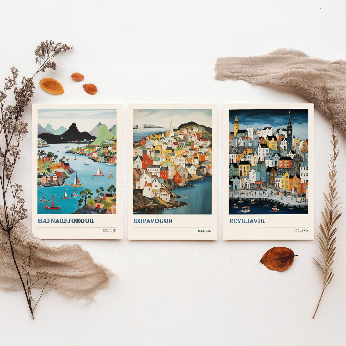 Iceland Set of Three Travel Posters - Hafnarfjordur Kopavogur Reykjavik - 3 Folk Art Prints Painting Illustration Gift Nordic City