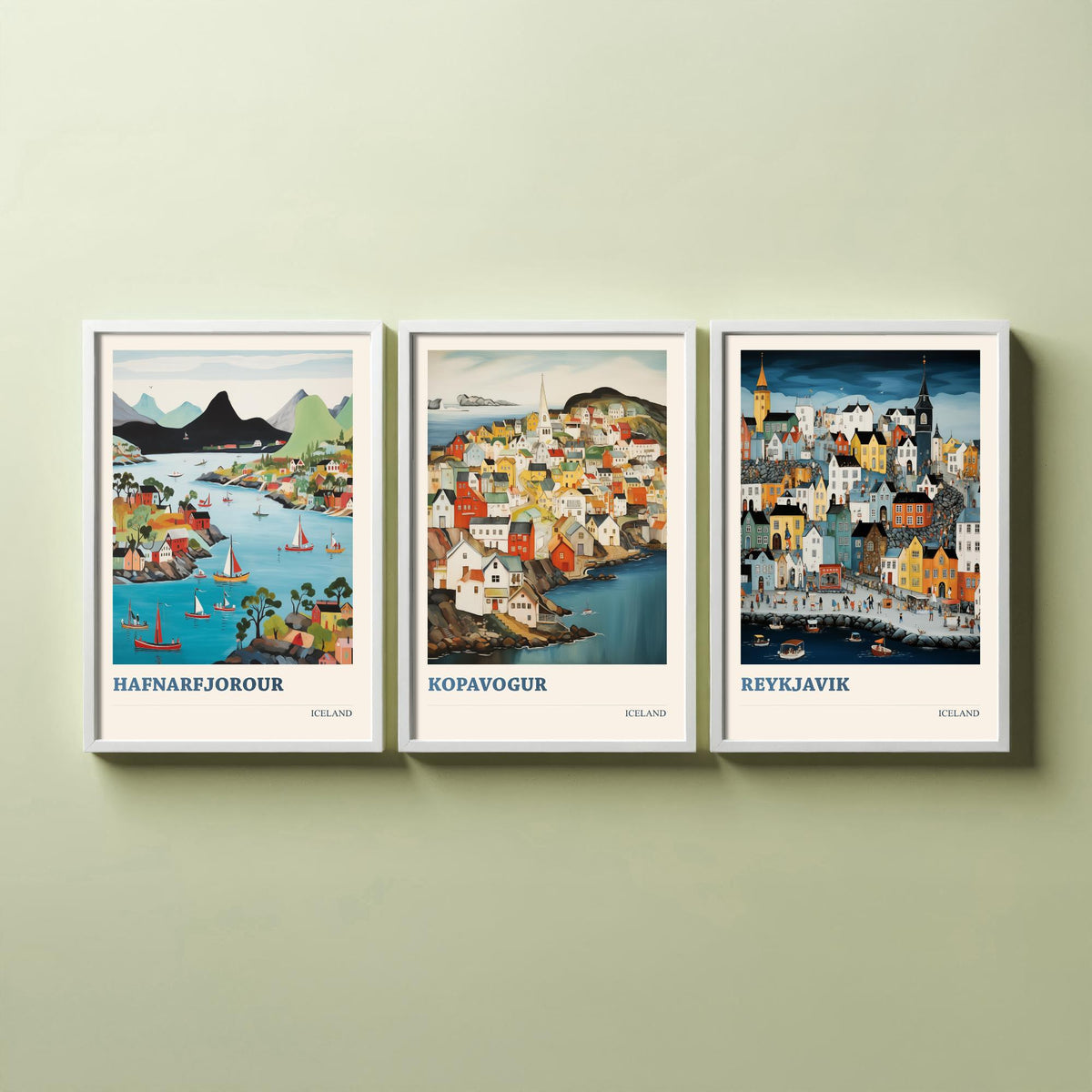 Iceland Set of Three Travel Posters - Hafnarfjordur Kopavogur Reykjavik - 3 Folk Art Prints Painting Illustration Gift Nordic City