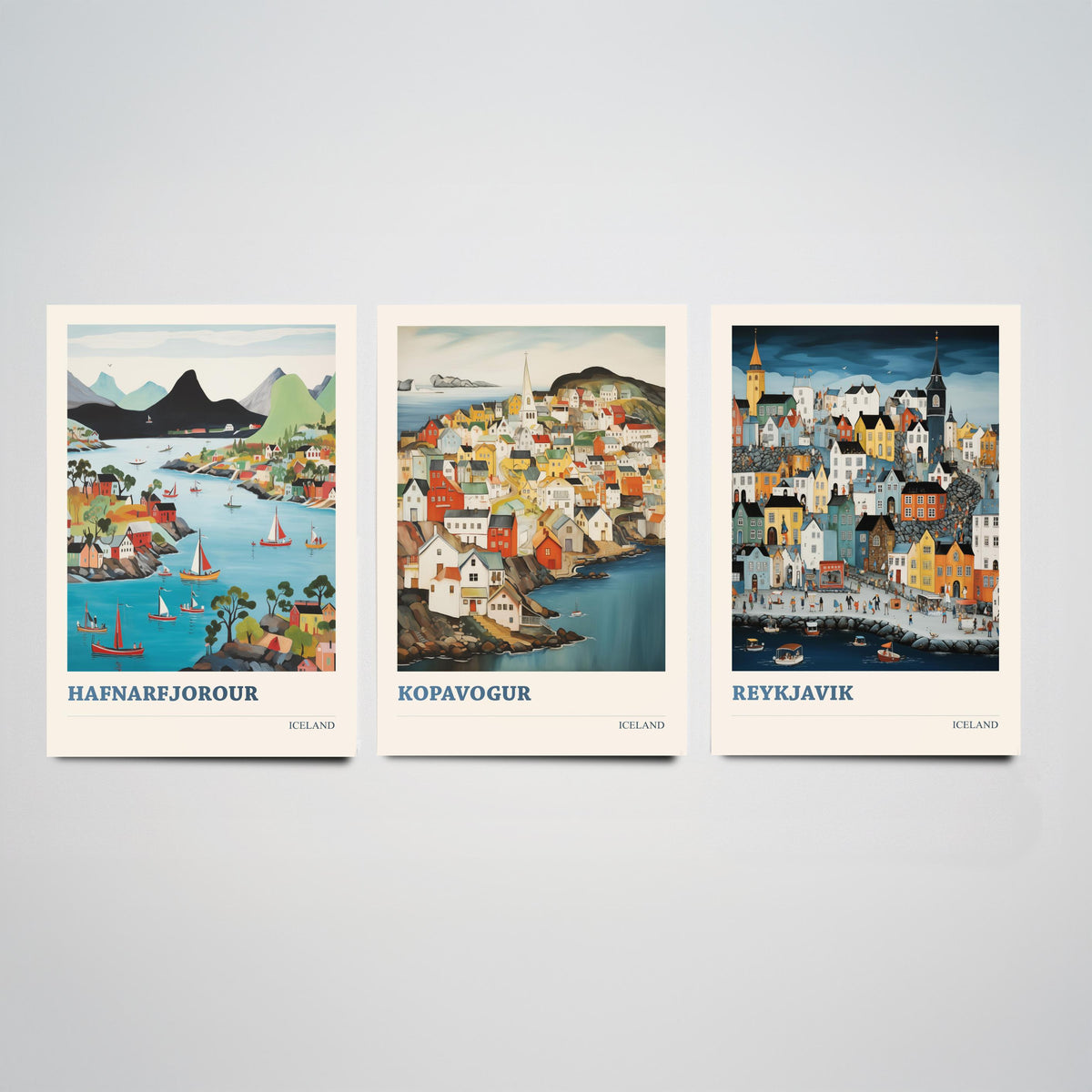 Iceland Set of Three Travel Posters - Hafnarfjordur Kopavogur Reykjavik - 3 Folk Art Prints Painting Illustration Gift Nordic City