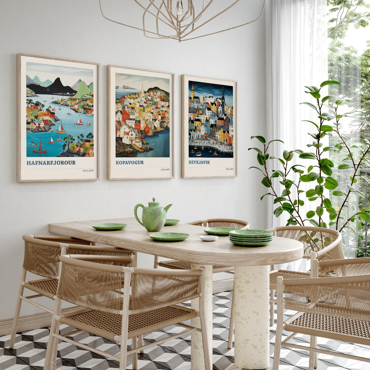 Iceland Set of Three Travel Posters - Hafnarfjordur Kopavogur Reykjavik - 3 Folk Art Prints Painting Illustration Gift Nordic City