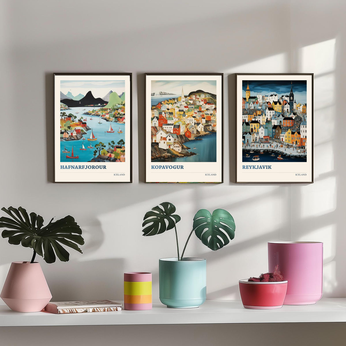 Iceland Set of Three Travel Posters - Hafnarfjordur Kopavogur Reykjavik - 3 Folk Art Prints Painting Illustration Gift Nordic City