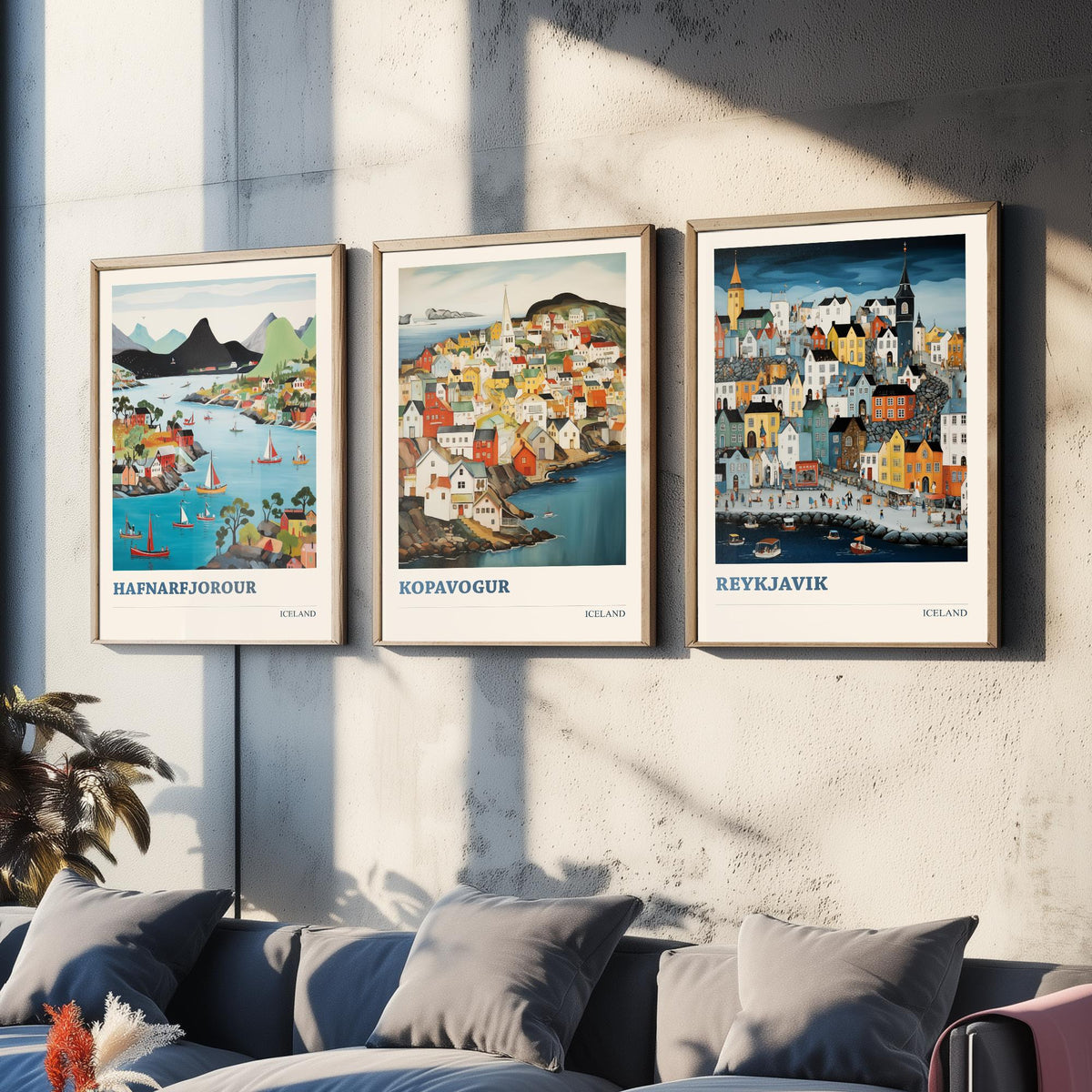Iceland Set of Three Travel Posters - Hafnarfjordur Kopavogur Reykjavik - 3 Folk Art Prints Painting Illustration Gift Nordic City