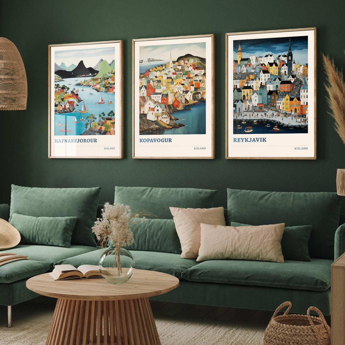 Iceland Set of Three Travel Posters - Hafnarfjordur Kopavogur Reykjavik - 3 Folk Art Prints Painting Illustration Gift Nordic City