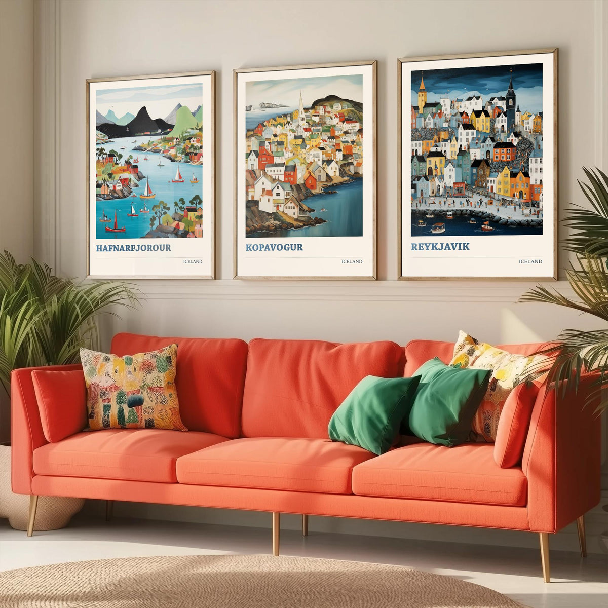 Iceland Set of Three Travel Posters - Hafnarfjordur Kopavogur Reykjavik - 3 Folk Art Prints Painting Illustration Gift Nordic City