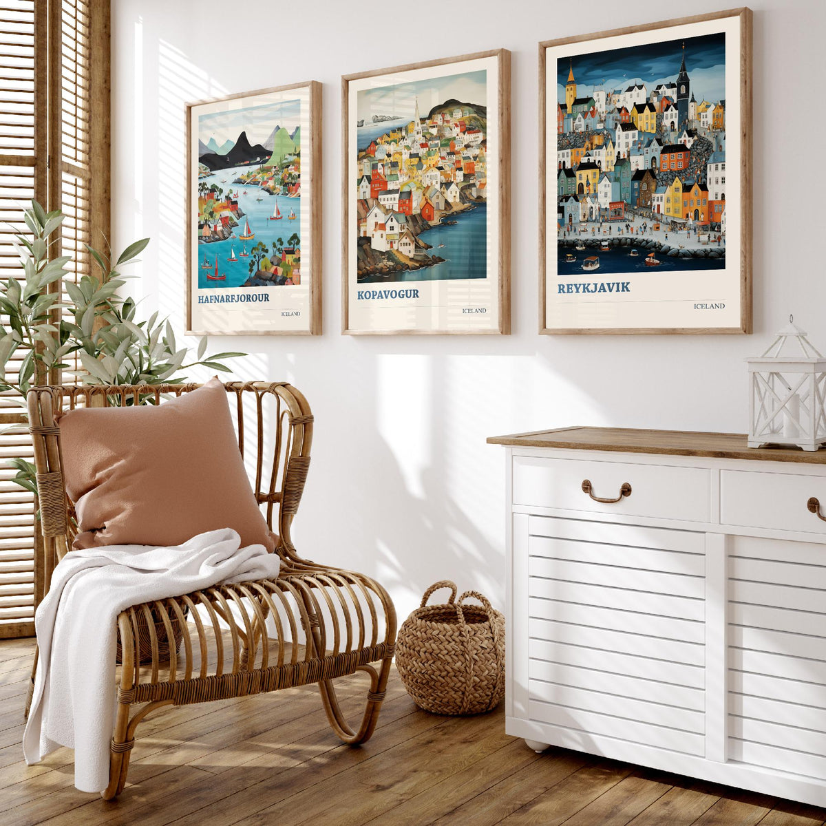 Iceland Set of Three Travel Posters - Hafnarfjordur Kopavogur Reykjavik - 3 Folk Art Prints Painting Illustration Gift Nordic City