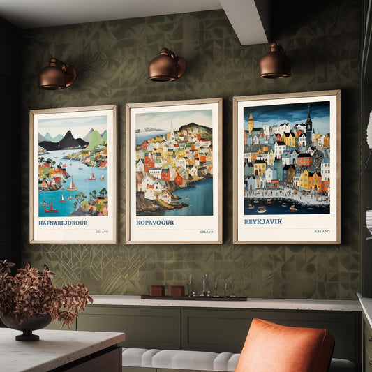 Iceland Set of Three Travel Posters - Hafnarfjordur Kopavogur Reykjavik - 3 Folk Art Prints Painting Illustration Gift Nordic City
