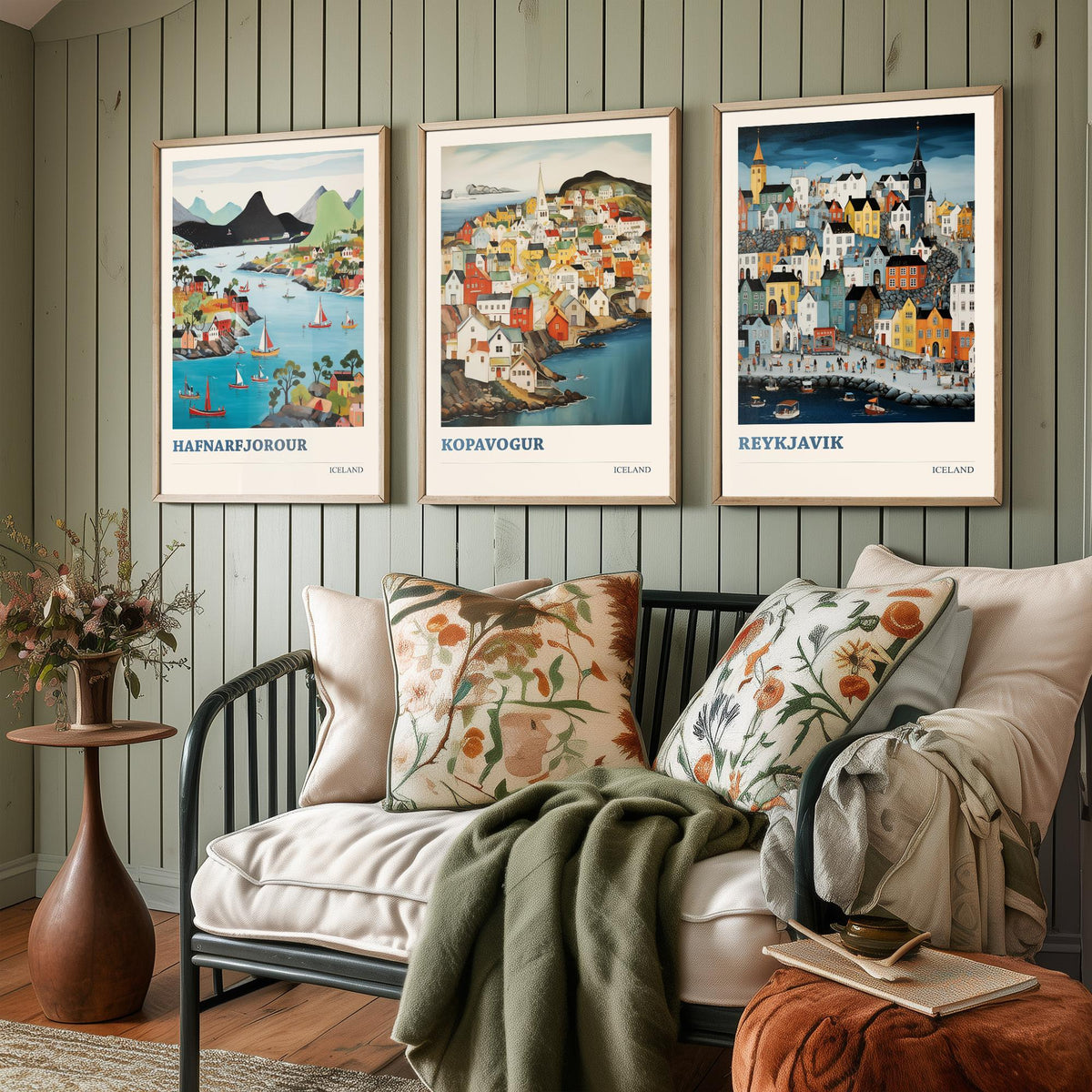 Iceland Set of Three Travel Posters - Hafnarfjordur Kopavogur Reykjavik - 3 Folk Art Prints Painting Illustration Gift Nordic City
