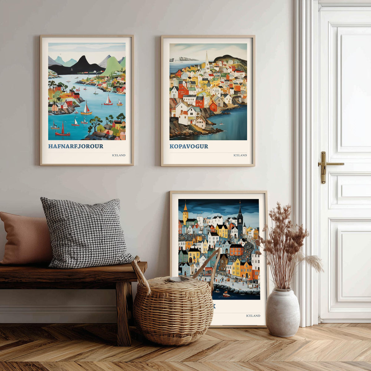 Iceland Set of Three Travel Posters - Hafnarfjordur Kopavogur Reykjavik - 3 Folk Art Prints Painting Illustration Gift Nordic City