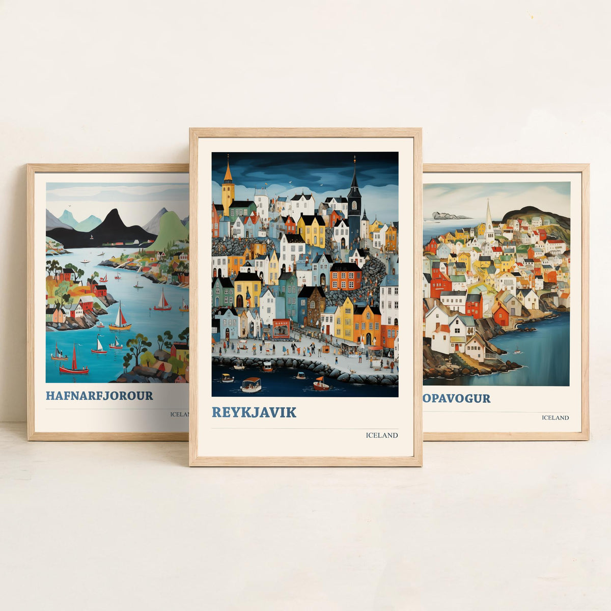 Iceland Set of Three Travel Posters - Hafnarfjordur Kopavogur Reykjavik - 3 Folk Art Prints Painting Illustration Gift Nordic City