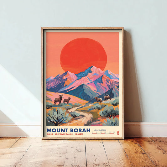 Mount Borah Travel Poster - Idaho Art Print - Bighorn Sheep Herd Illustration - Lost River Range Red Sun 1/3