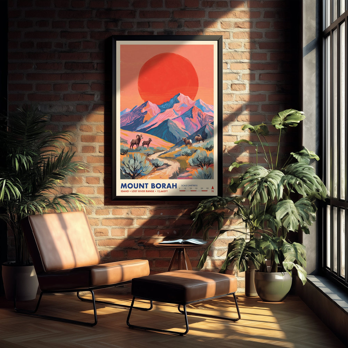 Mount Borah Travel Poster - Idaho Art Print - Bighorn Sheep Herd Illustration - Lost River Range Red Sun 1/3