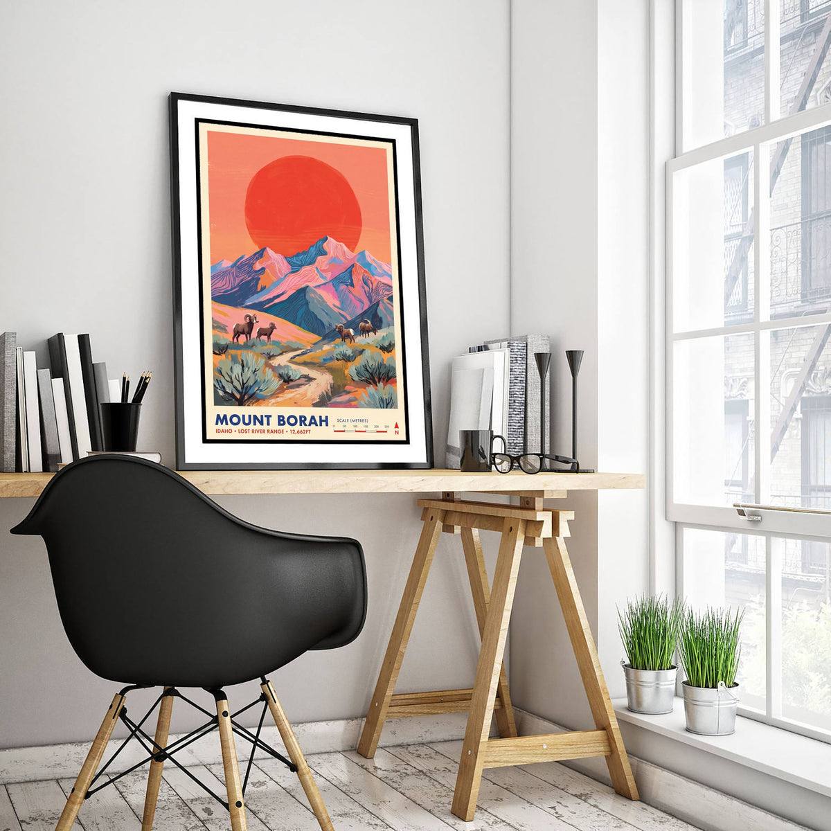 Mount Borah Travel Poster - Idaho Art Print - Bighorn Sheep Herd Illustration - Lost River Range Red Sun 1/3
