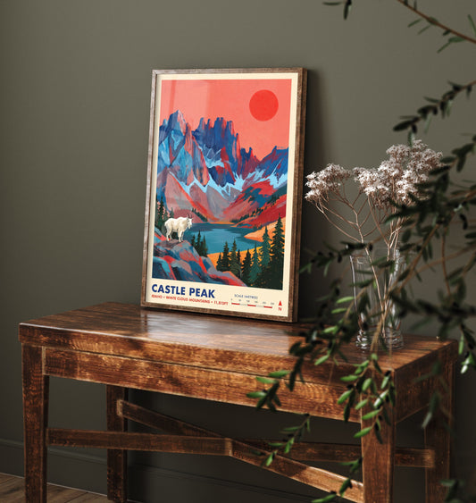 Castle Peak Travel Poster - White Cloud Mountains Idaho Art Print - Mountain Goat Alpine Lake Illustration 2/3