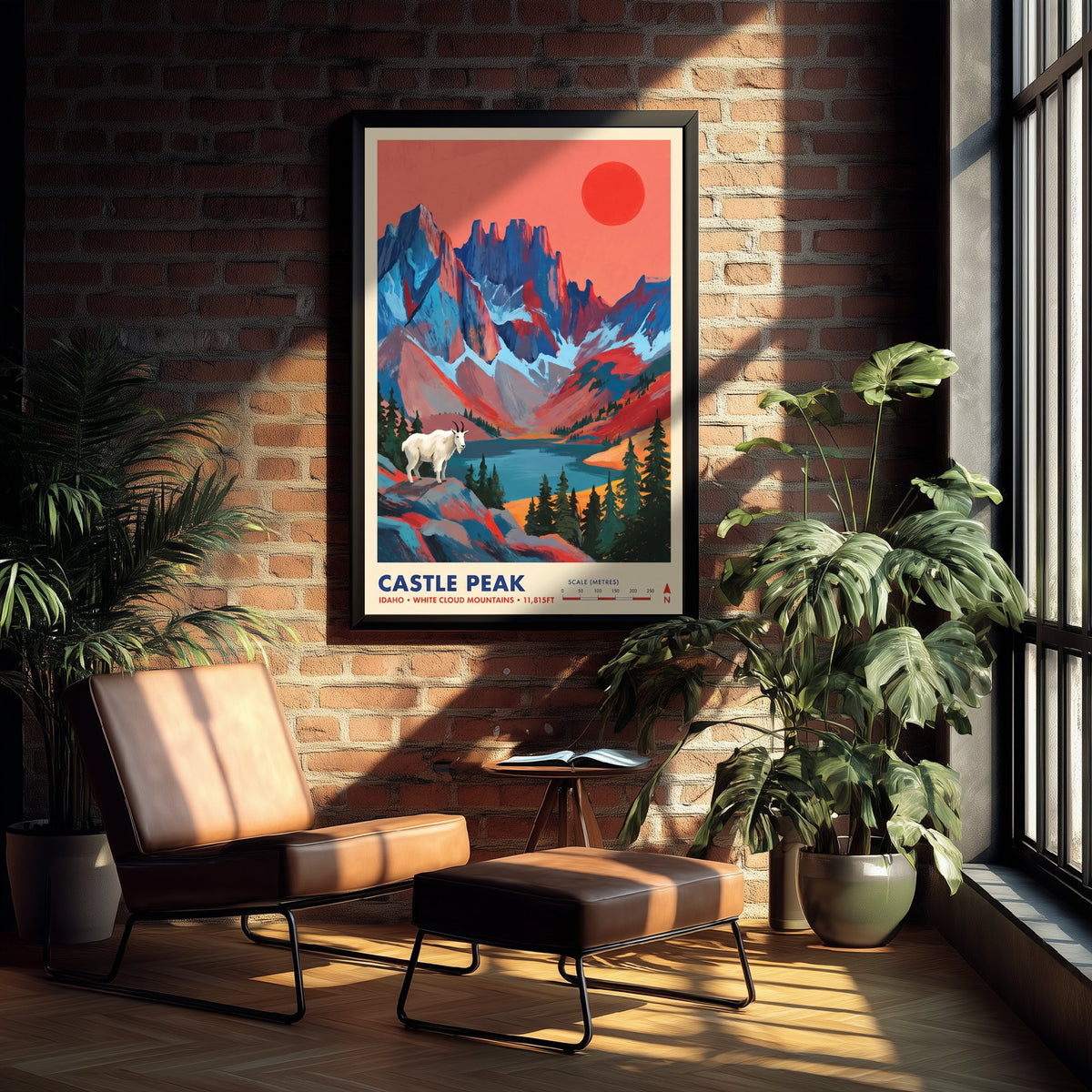 Castle Peak Travel Poster - White Cloud Mountains Idaho Art Print - Mountain Goat Alpine Lake Illustration 2/3