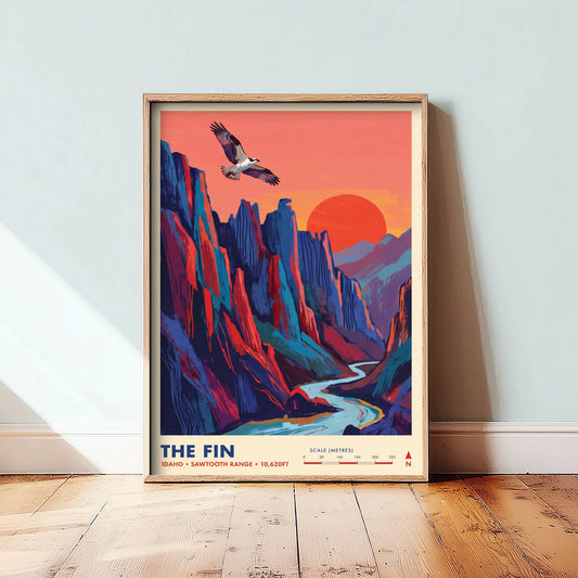 The Fin Travel Poster - Sawtooth Range Idaho Art Print - Osprey River Canyon Sunset Illustration 3/3
