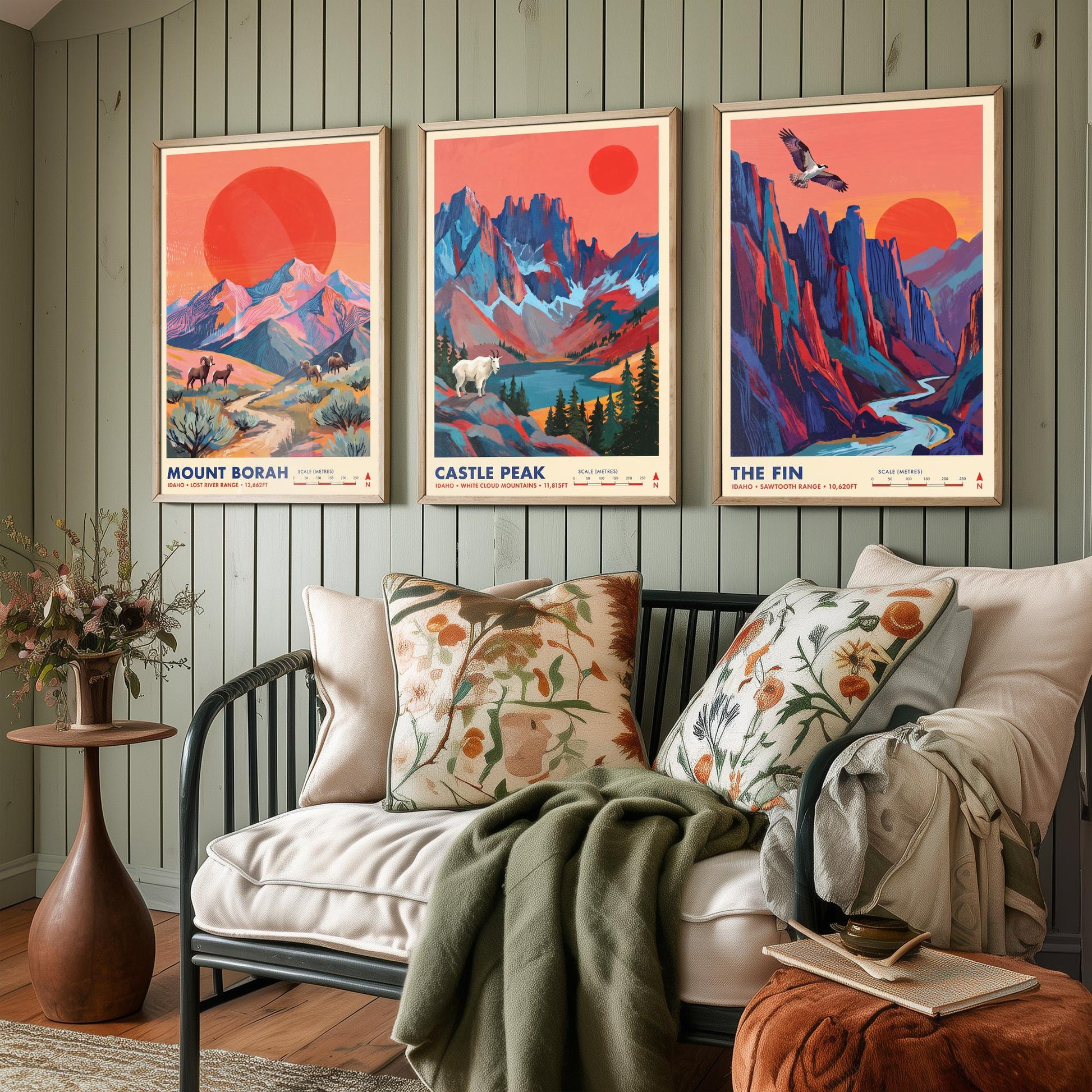 Idaho Peaks Set of Three Art Prints - Mount Borah, Castle Peak, The Fin - Sawtooth Mountain Travel Posters - Vibrant Painting
