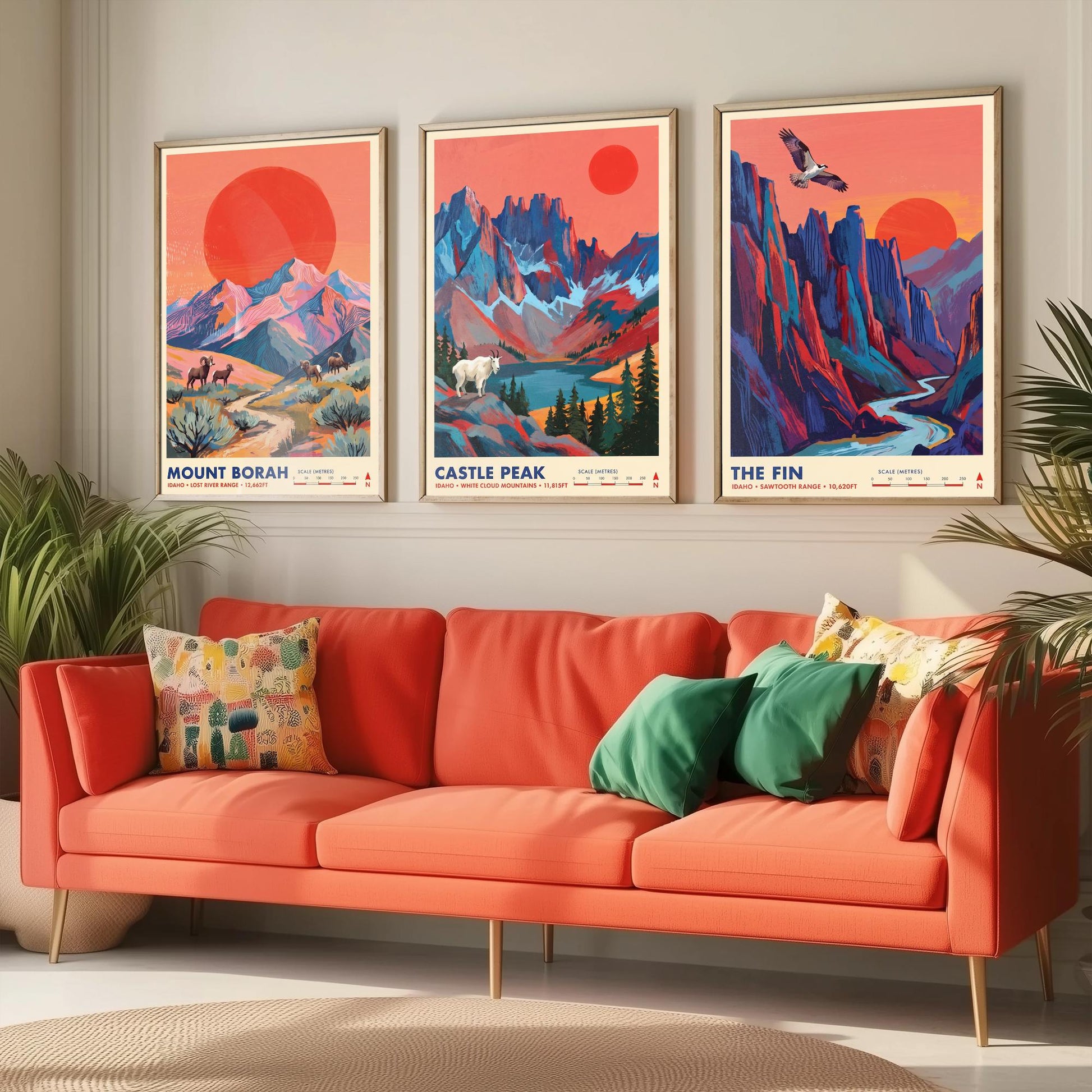 Idaho Peaks Set of Three Art Prints - Mount Borah, Castle Peak, The Fin - Sawtooth Mountain Travel Posters - Vibrant Painting