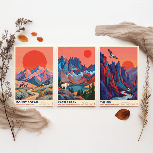 Idaho Peaks Set of Three Art Prints - Mount Borah, Castle Peak, The Fin - Sawtooth Mountain Travel Posters - Vibrant Painting