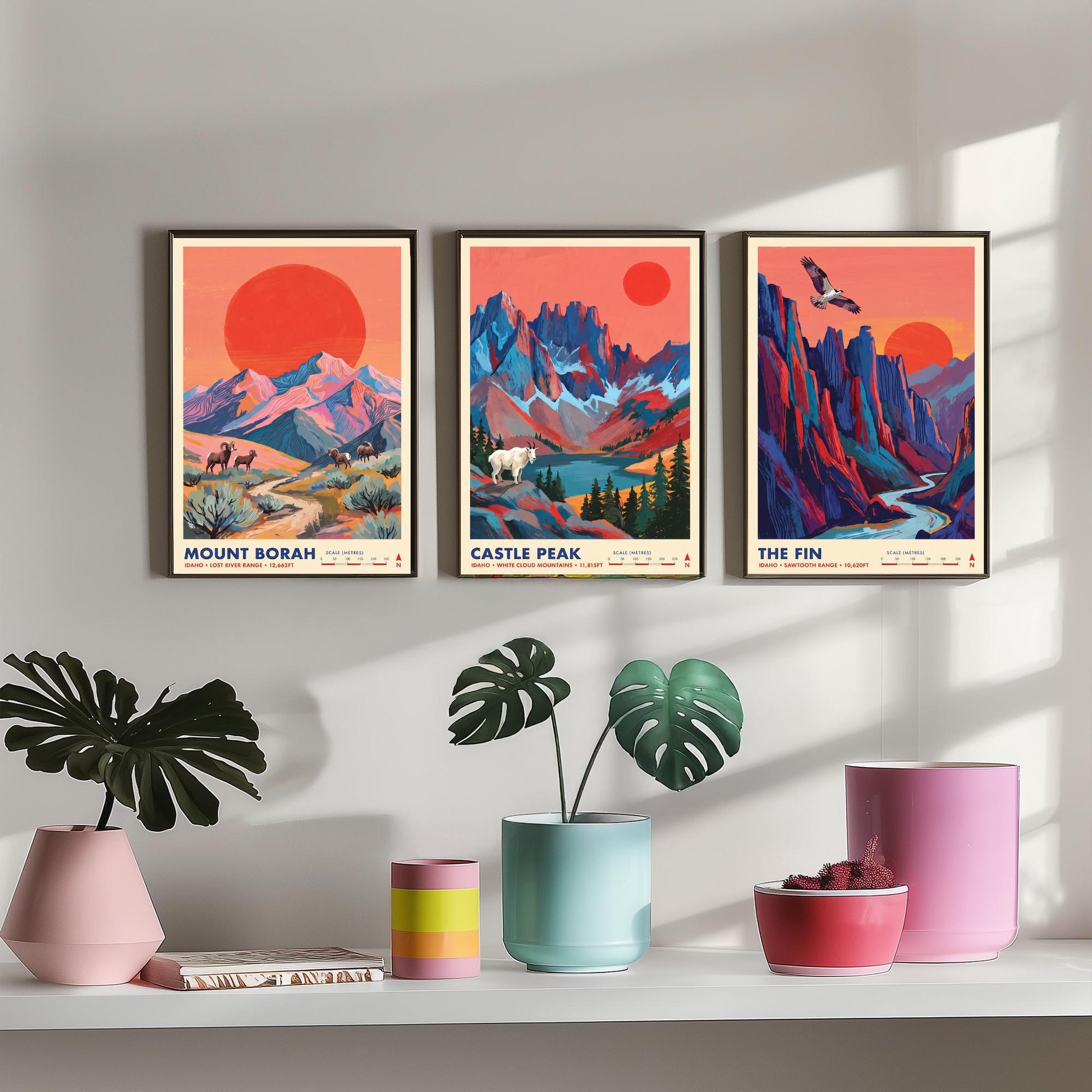Idaho Peaks Set of Three Art Prints - Mount Borah, Castle Peak, The Fin - Sawtooth Mountain Travel Posters - Vibrant Painting