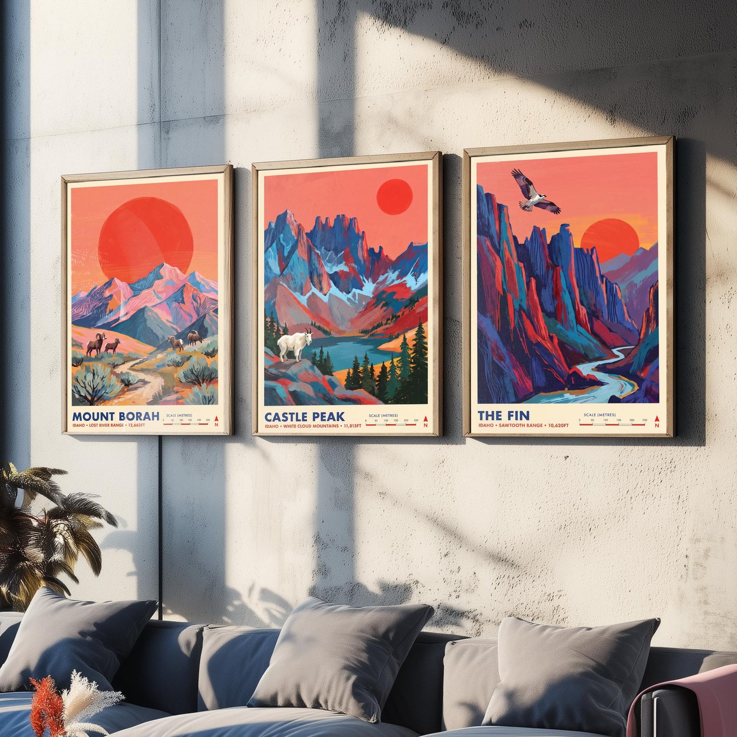 Idaho Peaks Set of Three Art Prints - Mount Borah, Castle Peak, The Fin - Sawtooth Mountain Travel Posters - Vibrant Painting