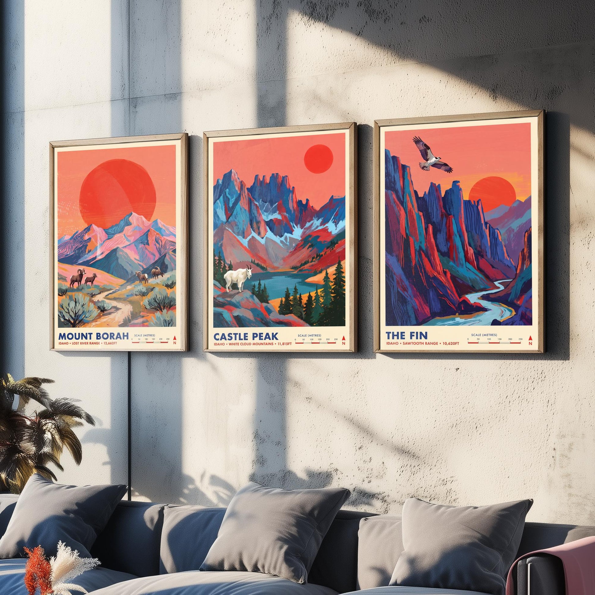 Idaho Peaks Set of Three Art Prints - Mount Borah, Castle Peak, The Fin - Sawtooth Mountain Travel Posters - Vibrant Painting