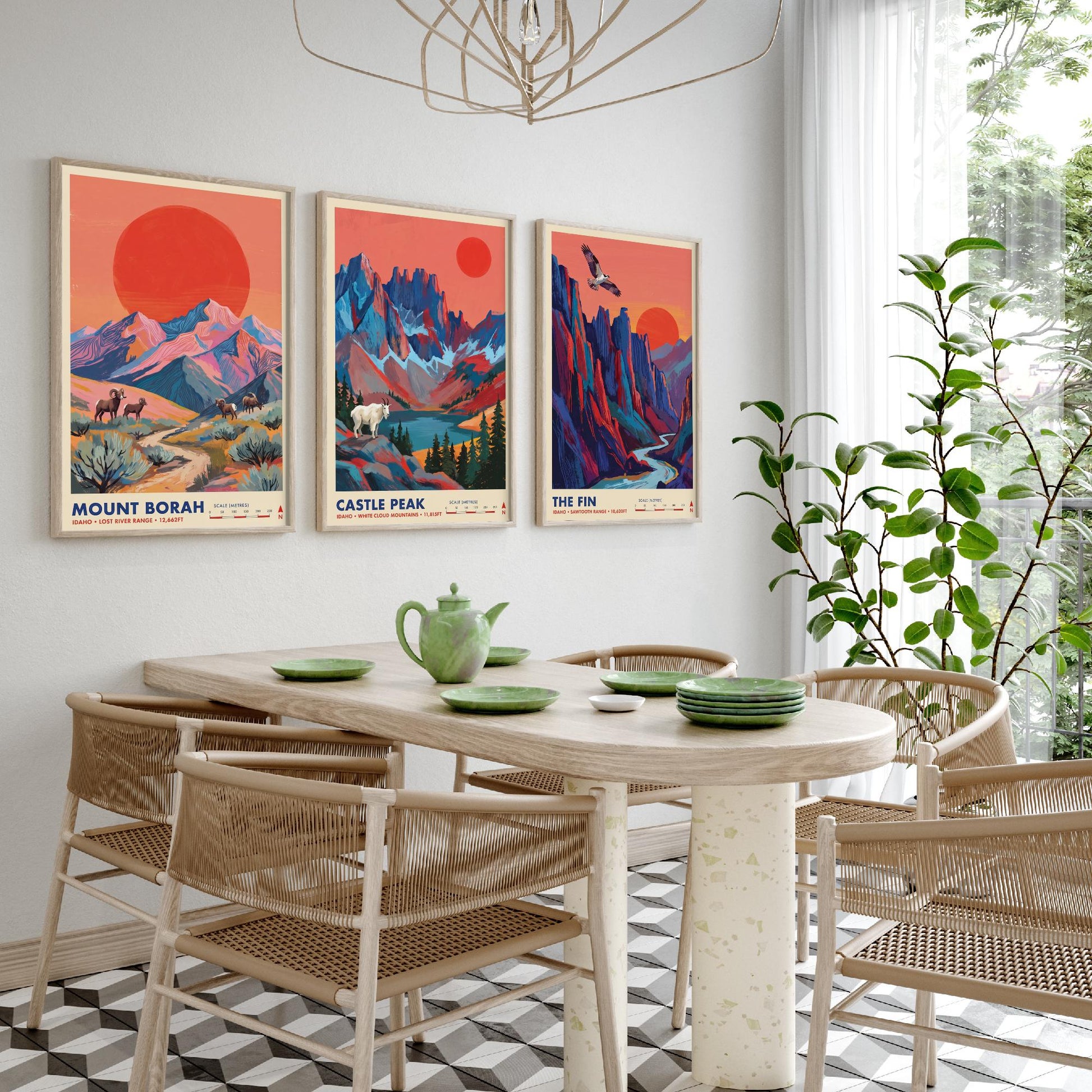 Idaho Peaks Set of Three Art Prints - Mount Borah, Castle Peak, The Fin - Sawtooth Mountain Travel Posters - Vibrant Painting