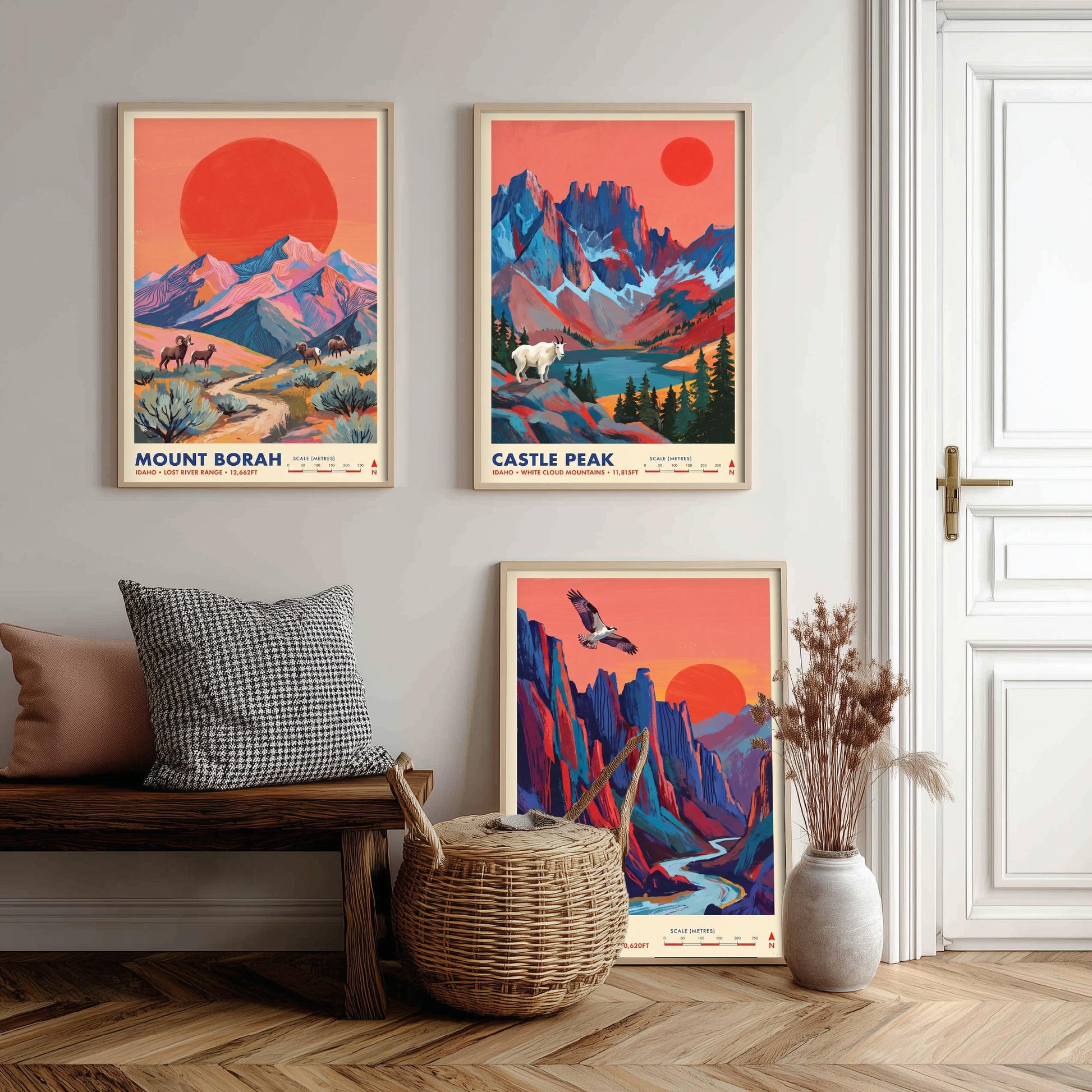 Idaho Peaks Set of Three Art Prints - Mount Borah, Castle Peak, The Fin - Sawtooth Mountain Travel Posters - Vibrant Painting