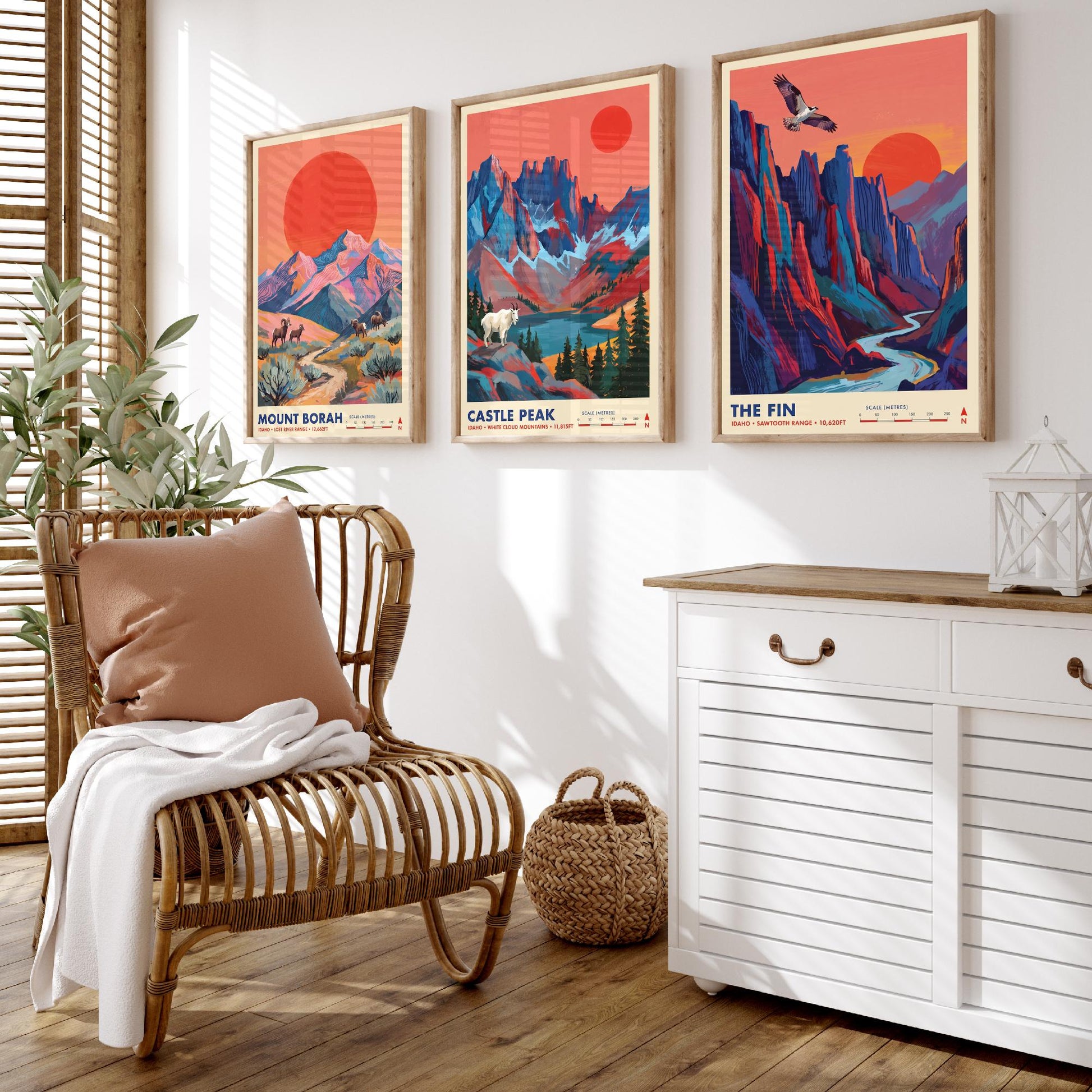 Idaho Peaks Set of Three Art Prints - Mount Borah, Castle Peak, The Fin - Sawtooth Mountain Travel Posters - Vibrant Painting