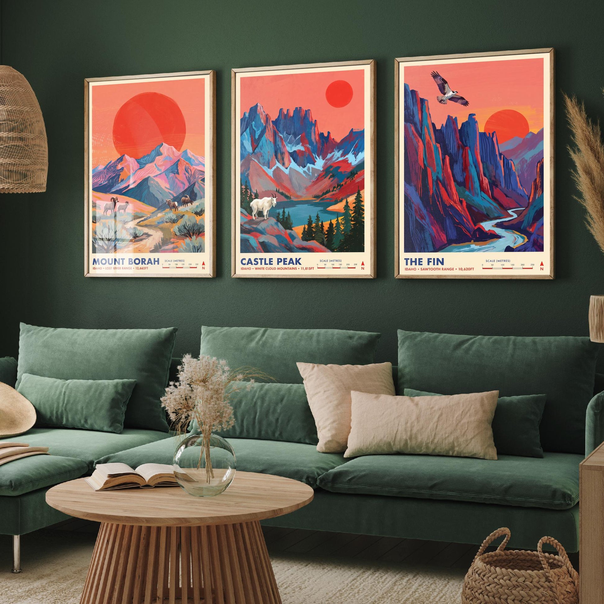 Idaho Peaks Set of Three Art Prints - Mount Borah, Castle Peak, The Fin - Sawtooth Mountain Travel Posters - Vibrant Painting