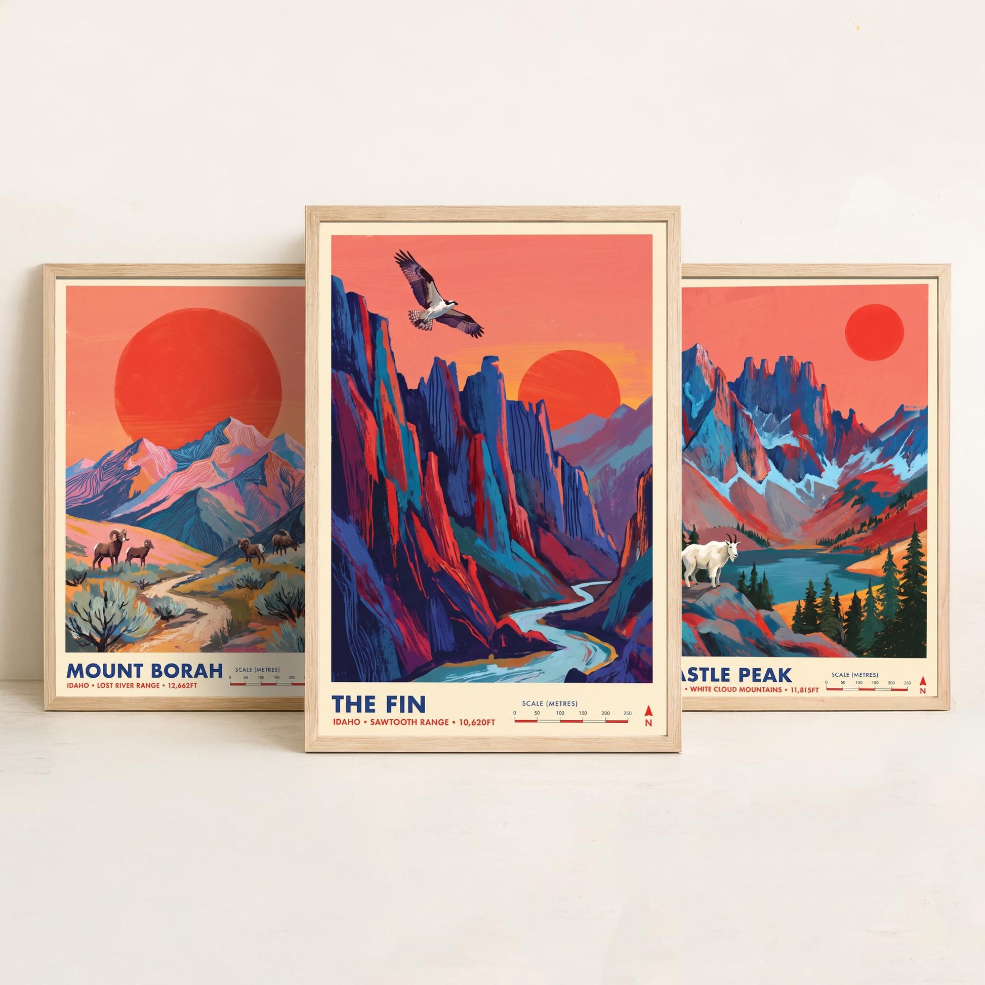 Idaho Peaks Set of Three Art Prints - Mount Borah, Castle Peak, The Fin - Sawtooth Mountain Travel Posters - Vibrant Painting