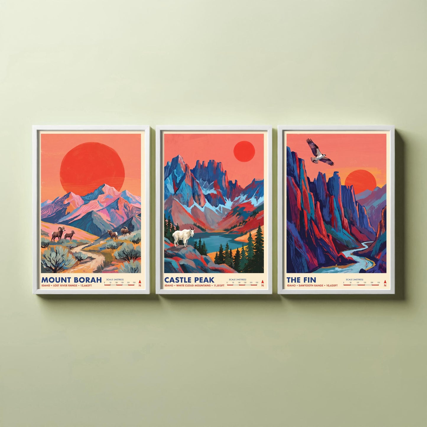 Idaho Peaks Set of Three Art Prints - Mount Borah, Castle Peak, The Fin - Sawtooth Mountain Travel Posters - Vibrant Painting