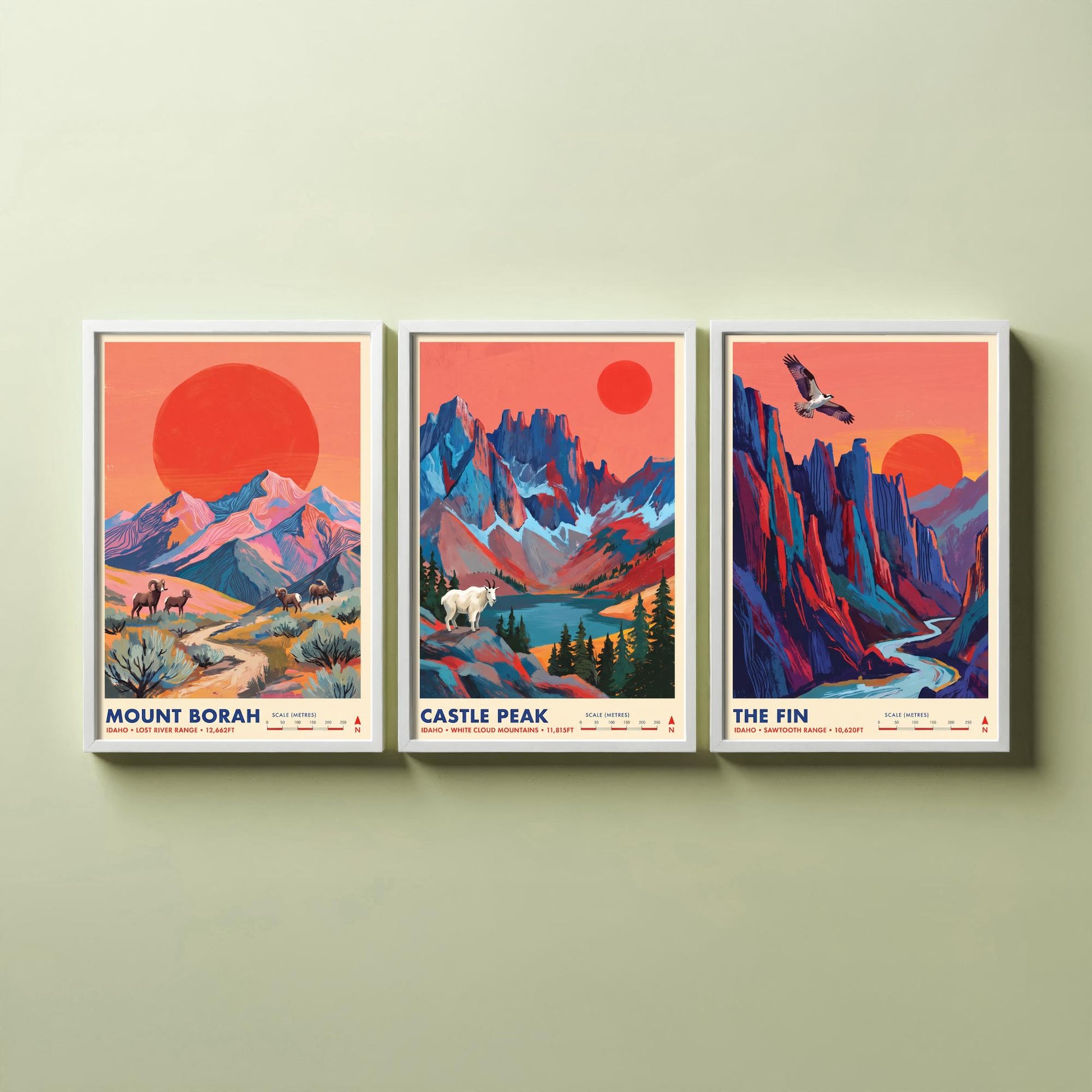 Idaho Peaks Set of Three Art Prints - Mount Borah, Castle Peak, The Fin - Sawtooth Mountain Travel Posters - Vibrant Painting