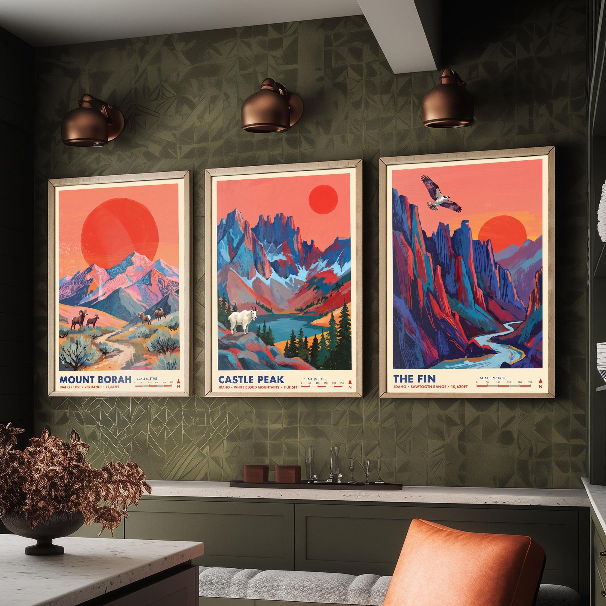 Idaho Peaks Set of Three Art Prints - Mount Borah, Castle Peak, The Fin - Sawtooth Mountain Travel Posters - Vibrant Painting