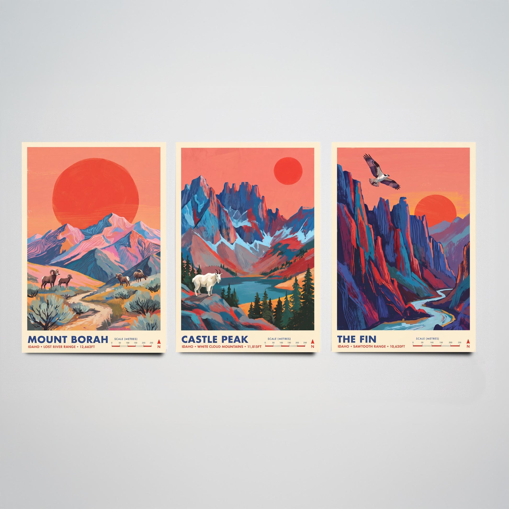 Idaho Peaks Set of Three Art Prints - Mount Borah, Castle Peak, The Fin - Sawtooth Mountain Travel Posters - Vibrant Painting