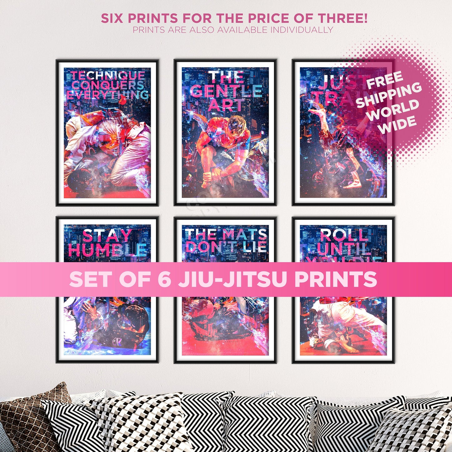 Set of Six Jiu-Jitsu Prints - Motivational BJJ Posters Wall Art Photo Gift Brazilian Grappling Wrestling Judo Sambo MMA Jiujitsu Motivation