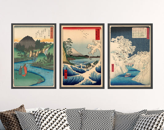 Set of Three Utagawa Hiroshige Water Prints - 3 Classic Paintings - Photo Poster Wall Art Gift Giclée Museum Quality - Jewel River, Seascape