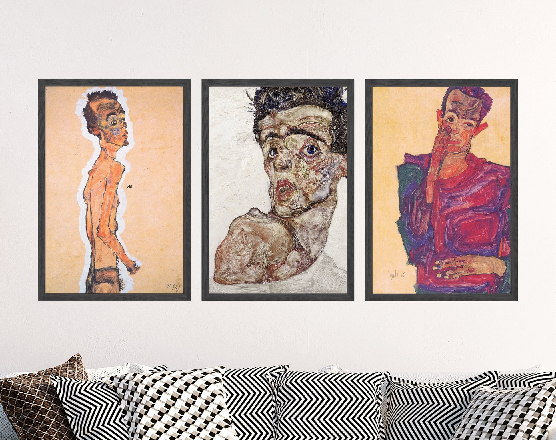 Set of Three Egon Schiele Self-Portrait Prints - 3 Classic Paintings - Photo Poster Wall Art Gift Giclée - Bare Shoulder #ATTEMPT4